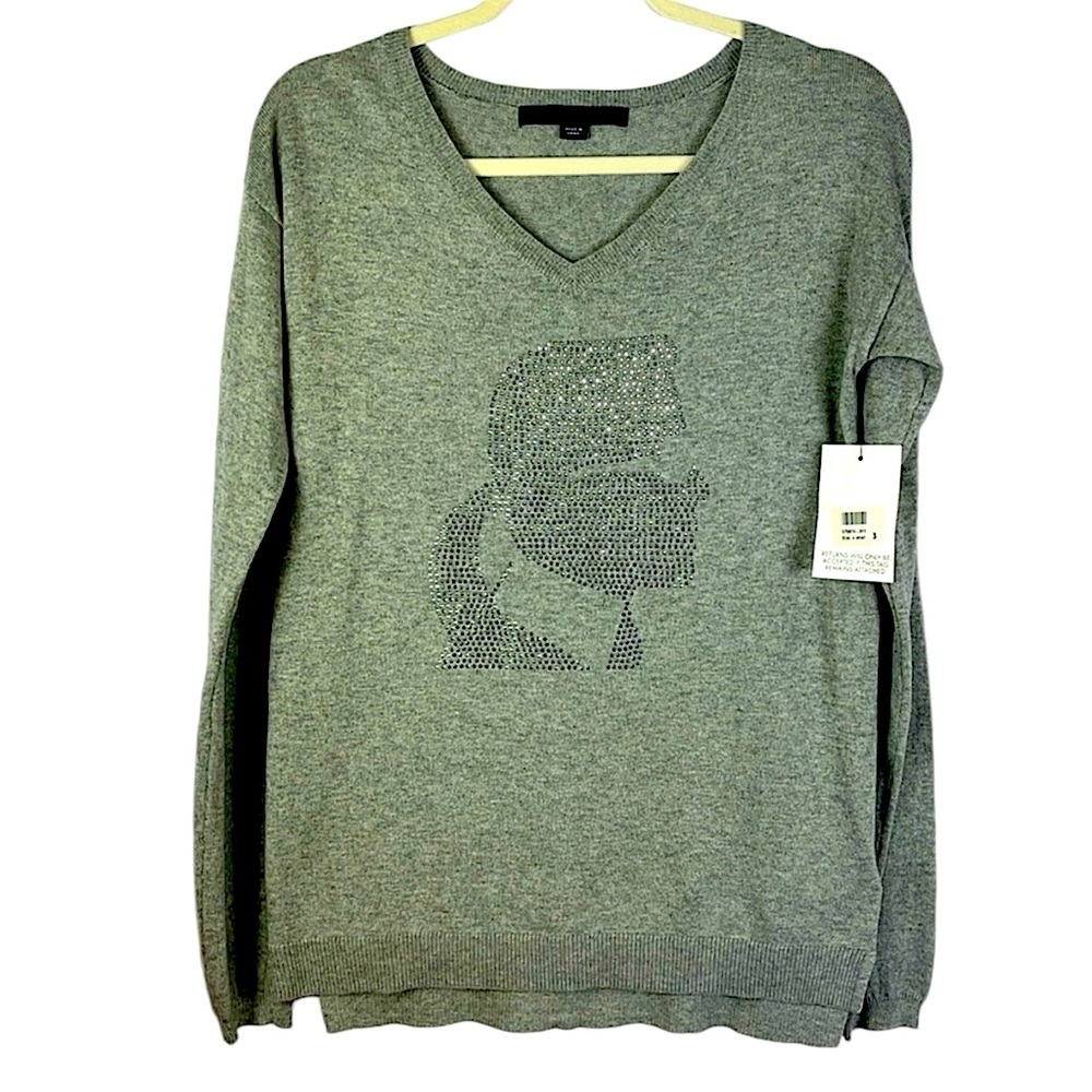 NWT Karl Lagerfeld popover light knit top studded front design Sz XS cott/cashme